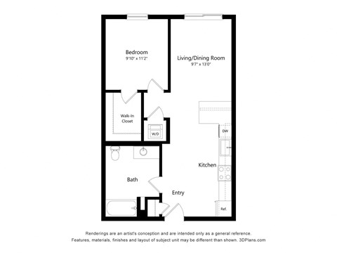 Floor plan for 1 bed, 1 bath, 682 sqft